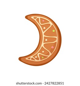 Christmas gingerbread cookie of half moon shape, sugar crescent cake with icing vector illustration