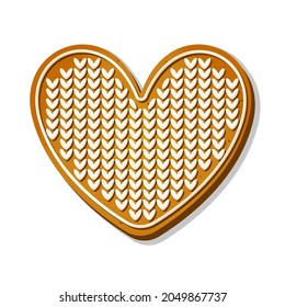 Christmas gingerbread cookie in heart shape with knitted ornament in cartoon style. Romantic baked cookie isolated on white background. Homemade sweet biscuit. Vector illustration