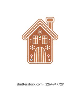 Christmas gingerbread cookie house flat icon. Vector illustration isolated on white background. Xmas decoration in cartoon style. Traditional christmas element of holiday