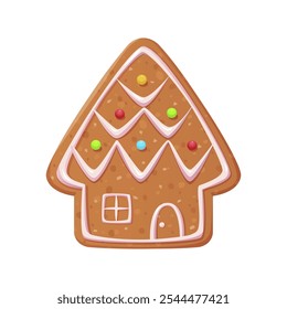 Christmas gingerbread cookie House shape decorated with icing. Traditional Winter Holidays biscuit. Cartoon vector illustration isolated on white background