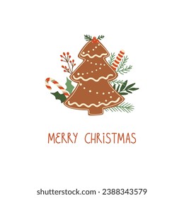 Christmas gingerbread cookie isolated vector element. Tasty winter holiday dessert decorated fir tree branches. Hand drawn food illustration. Baked Christmas concept for card, poster. New Year design.