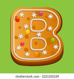 Christmas gingerbread cookie. Gingerbread letter B. Homemade winter cookies in the form of the letter B with sugar icing and marmalade. Vector illustration.