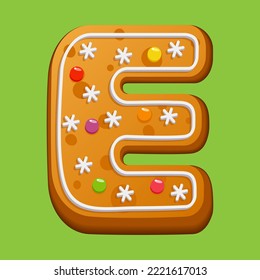 Christmas gingerbread cookie. Gingerbread letter E. Homemade winter cookies in the form of the letter E with sugar icing and marmalade. Vector illustration.