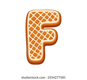 Christmas gingerbread cookie letter F with icing mesh decoration, festive typography. Isolated cartoon vector new year dessert font, xmas typeface, type, english pastry alphabet, holiday abc