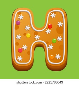 Christmas gingerbread cookie. Gingerbread letter H. Homemade winter cookies in the form of the letter H with sugar icing and marmalade. Vector illustration.