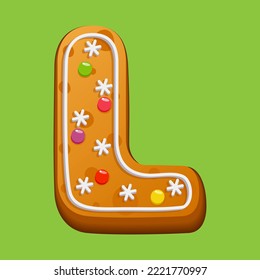 Christmas gingerbread cookie. Gingerbread letter L. Homemade winter cookies in the form of the letter L with sugar icing and marmalade. Vector illustration.