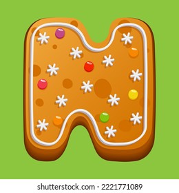 Christmas gingerbread cookie. Gingerbread letter N. Homemade winter cookies in the form of the letter N with sugar icing and marmalade. Vector illustration.