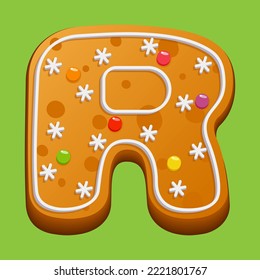 Christmas gingerbread cookie. Gingerbread letter R. Homemade winter cookies in the form of the letter R with sugar icing and marmalade. Vector illustration.