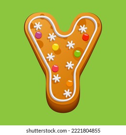 Christmas gingerbread cookie. Gingerbread letter Y. Homemade winter cookies in the form of the letter Y with sugar icing and marmalade. Vector illustration.