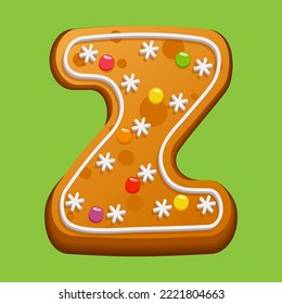 Christmas gingerbread cookie. Gingerbread letter Z. Homemade winter cookies in the form of the letter Z with sugar icing and marmalade. Vector illustration.