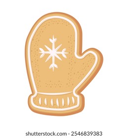 Christmas gingerbread cookie mitten shape decorated with icing. Illustration of a holiday treat on a white background.