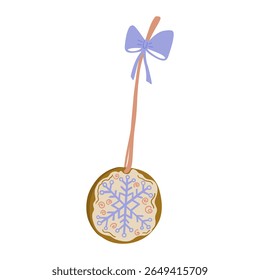 Christmas Gingerbread Cookie on String with Bow Ribbon and Snowflake. Food Market Street Food. Vintage Cartoon Colorful Hand Drawing Element. Xmas Cozy Aesthetic Vibes. Vector Illustration Isolated