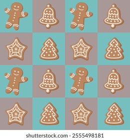 Christmas gingerbread cookie pattern, for baking with gingerbread Christmas tree, bell, star, bigfoot. Sweet winter holidays repeat the dessert background. Stunning vector illustration for wrapping pa