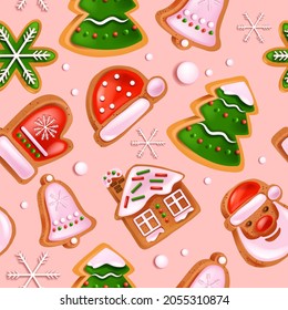 Galleta de galleta de jengibre de Navidad, textura de postre de invierno de vacaciones, sombrero de Papá Noel. Fondo de dibujos animados para niños de Año Nuevo x-mas, fondo de prendas de vestir, papel de envoltura con copos de nieve. Patrón de pan de jengibre 