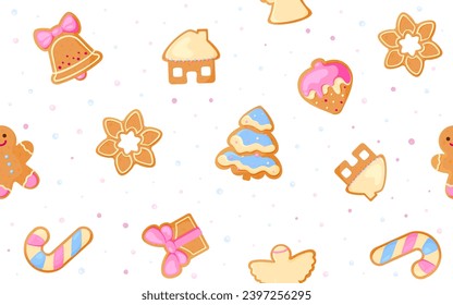 Christmas gingerbread cookie seamless pattern flat. Cartoon new year icon dessert ginger cookie sweet decorated background star snowflake xmas holly tree angel frosted lollipop traditional candy