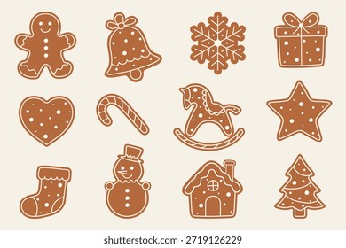 Biscoito de biscoito de gengibre de Natal definido com formas festivas, incluindo homem, árvore, floco de neve, presente, sino, cavalo e casa. Mão aconchegante desenhado doodle estilo ilustração vetor isolado no fundo claro.