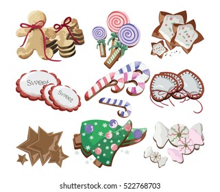 Christmas gingerbread cookie set. Sweet ginger biscuit man,lollipop,star,cookie,candy,heart,xmas tree and candy.