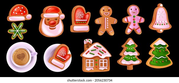 Christmas gingerbread cookie set, vector x-mas homemade sweet pastry, Santa Claus face, coffee cup. Holiday winter dessert icons, pine tree biscuit, traditional cartoon food. Christmas gingerbread man