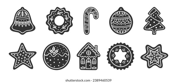 Christmas gingerbread cookie set. Vector Illustration of homemade sweet holiday ginger baking. Silhouette shapes of different cookies with icing, isolated on white.