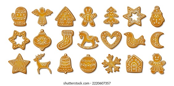Christmas Gingerbread Cookie. Set of winter sweet homemade biscuits in the form of different characters and holiday items isolated on white background. Cute Cartoon vector illustration