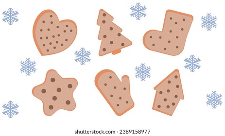 Christmas Gingerbread Cookie. Set of winter sweet homemade biscuits in the form of different characters and holiday items isolated on white background. Cute Cartoon vector illustration