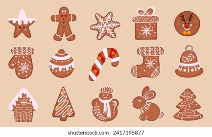 Christmas Gingerbread Cookie. Set of winter homemade biscuits in the form of different characters and holiday items. Vector Illustration for backgrounds and packaging. Isolated on white background.