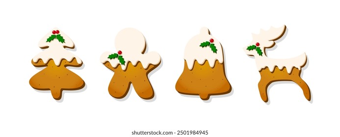 Navidades Galleta de jengibre. Conjunto de galletas glaseadas dulces de invierno en forma de diferentes personajes y artículos de vacaciones aislados sobre fondo blanco. Linda Ilustración vectorial de dibujos animados