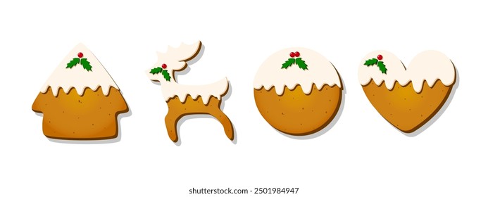 Christmas Gingerbread Cookie. Set of winter sweet glazed biscuits in the form of different characters and holiday items isolated on white background. Cute Cartoon vector illustration
