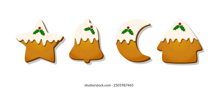 Navidades Galleta de jengibre. Conjunto de galletas glaseadas dulces de invierno en forma de diferentes personajes y artículos de vacaciones aislados sobre fondo blanco. Linda Ilustración vectorial de dibujos animados