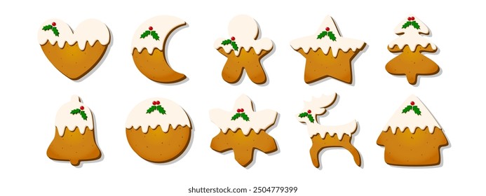 Christmas Gingerbread Cookie. Set of winter sweet glazed biscuits in the form of different characters and holiday items isolated on white background. Cute Cartoon vector illustration