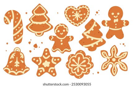 Navidades Galleta de jengibre. Conjunto de galletas caseras dulces de invierno en forma de diferentes personajes y artículos de vacaciones aislados sobre fondo blanco. Linda Ilustración vectorial de dibujos animados para su diseño