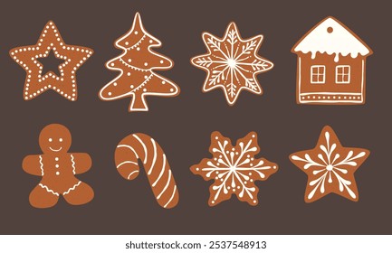 Navidades Galleta de jengibre. Conjunto de galletas caseras dulces de invierno en forma de diferentes personajes y artículos de vacaciones aislados sobre fondo blanco. Linda Ilustración vectorial de dibujos animados