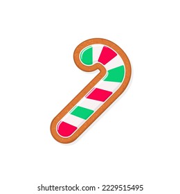Christmas gingerbread cookie in shape of candy cane. Winter homemade sweets. Flat vector illustration isolated on white background. Useful for holidays greeting card, invitation and other design 