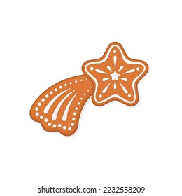 Christmas gingerbread cookie in shape of comet with icing decoration. Winter homemade sweets. Flat vector illustration isolated on white background. Useful for holidays greeting card and other design 