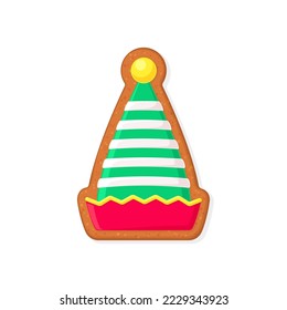 Christmas gingerbread cookie in shape of Elf hat. Winter homemade sweets. Flat vector illustration isolated on white background. Useful for holidays greeting card, invitation and other design 