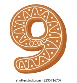 Christmas gingerbread cookie in shape of figure 9 on white backg