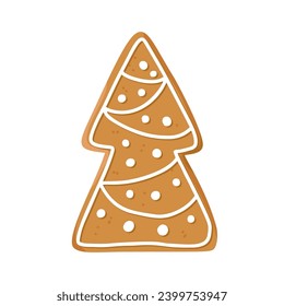 Christmas gingerbread cookie in shape of fir tree with icing isolated on white background. Festive homemade sweet winter desert. Vector winter illustration