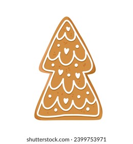 Christmas gingerbread cookie in shape of fir tree with icing isolated on white background. Festive homemade sweet desert. Vector illustration