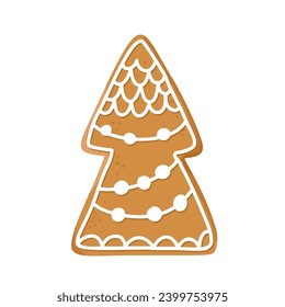 Christmas gingerbread cookie in shape of fir tree with icing isolated on white background. Festive homemade sweet desert. Vector winter illustration