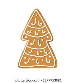 Christmas gingerbread cookie in shape of fir tree with icing isolated on white background. Festive homemade sweet desert. Vector illustration