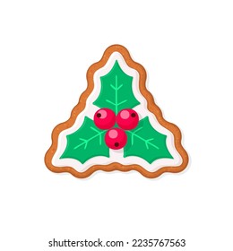 Christmas gingerbread cookie in shape of holly berry with icing decoration. Winter homemade sweets. Flat vector illustration isolated on white background. Useful for holidays design 