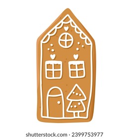 Christmas gingerbread cookie in shape of house with icing isolated on white background. Festive homemade sweet desert. Vector illustration