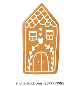 Galleta de pan de jengibre de Navidad en forma de casa con hielo aislado en el fondo blanco. Desierto dulce hecho en casa. Ilustración del vector