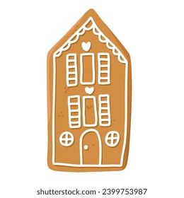 Christmas gingerbread cookie in shape of house with icing isolated on white background. Festive homemade sweet desert. Vector illustration