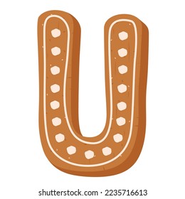 Christmas gingerbread cookie in shape of letter U on white backg