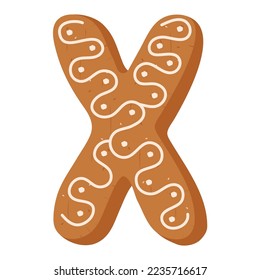 Christmas gingerbread cookie in shape of letter X on white backg
