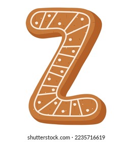 Christmas gingerbread cookie in shape of letter Z on white backg