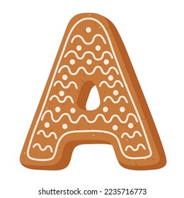 Christmas gingerbread cookie in shape of letter A on white backg