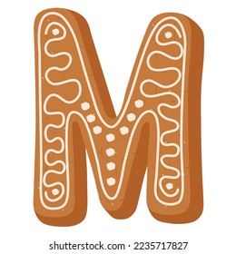 Christmas gingerbread cookie in shape of letter M on white backg