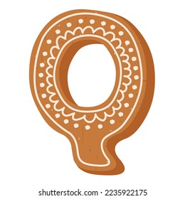 Christmas gingerbread cookie in shape of letter Q on white backg